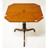 AN EBONY STRUNG MAHOGANY FLIP TOP OCCASIONAL TABLE, the square top with canted corners, raised on