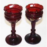 A PAIR OF 19TH CENTURY RUBY GLASS AND GILT DECORATED VASES, 14in (36cm). (2)