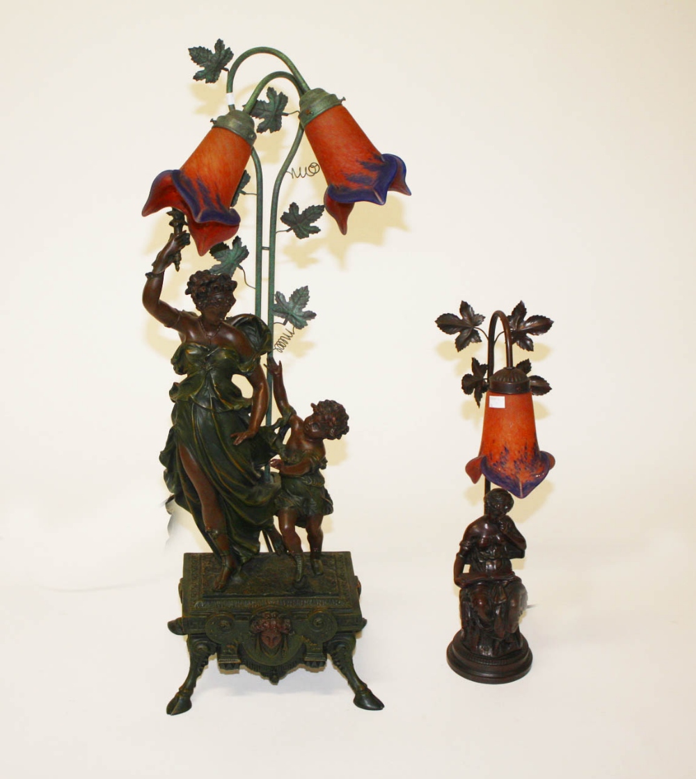 A MODERN COMPOSITION BRONZED TABLE LAMP, modelled with two classical figures, standing by a vine,