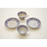 A PAIR OF BLUE AND WHITE TUNSTALL CUPS AND SAUCERS, commemorating Pinox Culiery 1860. (4)