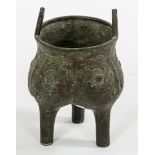 AN EARLY CHINESE BRONZE TRI-POD CENSER,