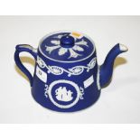 An Adam's blue and white Jasperware Teapot, early 20th Century, with matching cover decorated in