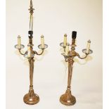 A PAIR OF CANDELABRA TYPE THREE BRANCH SINGLE LIGHT TABLE LAMPS, each with tapering fluted column,