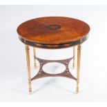 A CIRCULAR MAHOGANY AND SATINWOOD BANDED CENTRE TABLE, with a bead edge and a circular ebonised