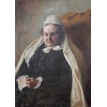 EARLY 20TH CENTURY UNFRAMED PORTRAIT, An Old Lady Wearing a Bonnet and a Dress, 26in (66cm)h x