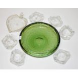 A HEART SHAPED ENGRAVED GLASS DISH, With handle and spout, 7in (17cm); a green art glass fruit bowl,