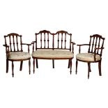 AN EDWARDIAN SATINWOOD AND DECORATED THREE PIECE SUITE OF SEAT FURNITURE, comprising, a double chair