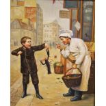 MODERN FRENCH SCHOOL, Young Boy Holding a Lobster Outside a Cafe, O.O.B, signed in monogram, 19in (