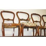 A SET OF THREE VICTORIAN WALNUT BALLOON BACK SIDE CHAIRS, each on front cabriole legs, as is, in