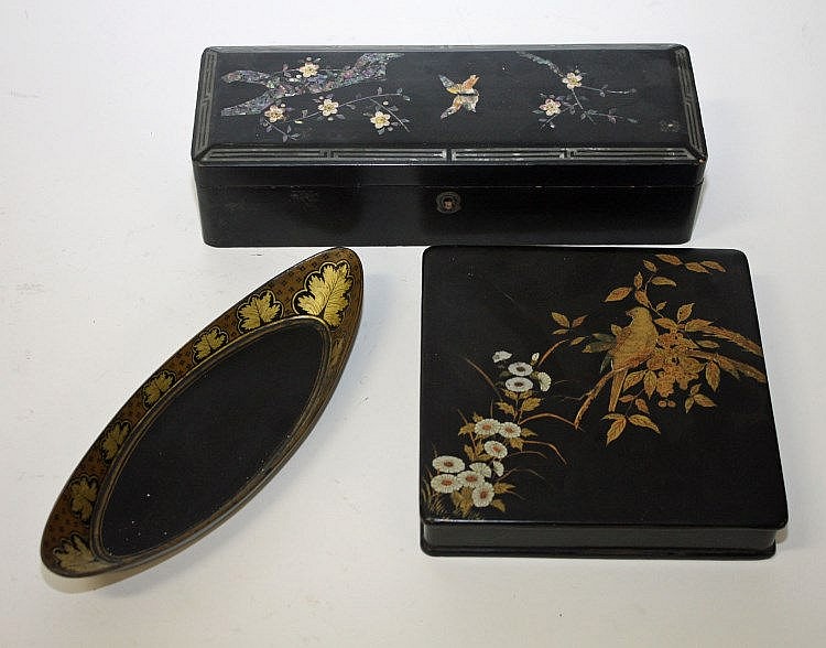 A JAPANESE SQUARE LACQUERED BOX AND COVER, decorated with birds and flower, Meiji period, 7.5in (