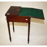 A GEORGE IV MAHOGANY FOLDOVER BRIDGE TABLE, with frieze drawer and cross banded top raised on four