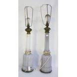 A matched pair of brass mounted milk glass mallet shaped Table Lamps, early 20th Century,