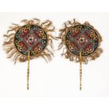 A PAIR OF VICTORIAN BEAD TAPESTRY HEAT SCREENS, each circular panel with an oriental design,