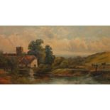 19TH CENTURY ENGLISH SCHOOL, Figures, Cottage and Church by a Canal, O.O.C, indistinctly signed