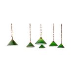 A SET OF SIX MODERN GREEN GLASS LAMP SHADES, 
or billiard room ceiling lights.