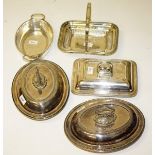 A PAIR OF OVAL VICTORIAN SILVER PLATED AND BEAD MOULDED ENTREE DISHES, COVERS AND HANDLES, 
11.