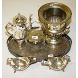 A SILVER PLATED BALUSTER SHAPED COFFEE POT;
a pair of heavy silver plated sauce boats;