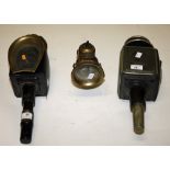 FOUR OLD NICKEL OR BRASS MOUNTED CARRIAGE LAMPS, and a brass miners lamp.