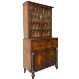 AN IRISH GEORGE IV PERIOD MAHOGANY SECRETAIRE BOOKCASE, 
the top with two diamond glazed doors,