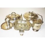 A SILVER PLATED ICE BUCKET, 
an oval silver plated entree dish,