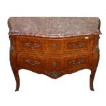 AN ATTRACTIVE INLAID AND CROSS BANDED KING WOOD BOMBÉ COMMODE, 
in the Louix XV style,