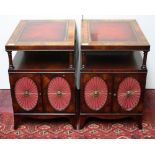 A PAIR OF VERY ATTRACTIVE REGENCY STYLE MAHOGANY LAMP TABLES, 
each with tooled leather top,