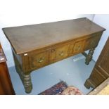 AN 18TH CENTURY PLANK TOP OAK SIDE TABLE OR DRESSER BASE,