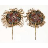 A PAIR OF VICTORIAN BEAD TAPESTRY HEAT SCREENS, 
each circular panel with an oriental design,