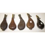 FIVE ASSORTED 19TH CENTURY EMBOSSED AND STITCHED LEATHER SHOT FLASKS,