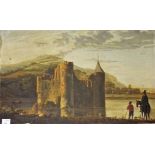 19TH CENTURY CONTINENTAL SCHOOL, 
Figures by a Castle Ruin on a River,O.O.C, unframed, 12.