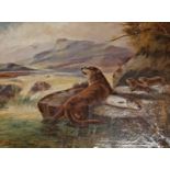 ROBERT CLEMINSON (act. C 1864-1903), 
Otters with a Salmon,  on a rock by a river, O.O.C.