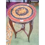 A CIRCULAR KINGWOOD AND MARQUETRY ETAGERE OR LAMP TABLE,