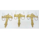 A SET OF THREE VERY ATTRACTIVE TWO BRANCH CARVED GILTWOOD WALL LIGHTS,