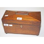 A RECTANGULAR VICTORIAN ROSEWOOD TEA CADDY,
adapted, now with a slot cut in the hinged cover,