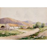 ROWLAND HILL ARUA (1915-1979), 
Donegal Mountains, with thatched cottages and a figure,