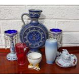 A PAIR OF ATTRACTIVE CREAM AND DARK BLUE GLASS LUSTRE VASES,
8.