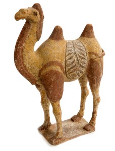 A FINE POTTERY MODEL OF CAPARISONED CAMEL, 
Tang Dynasty 618-907, standing four square, saddled,