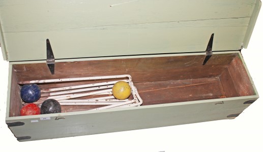 A JAQUES LAWN CROQUET SET, 
in original box, four mallets, a stand, eight balls,