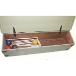 A JAQUES LAWN CROQUET SET, 
in original box, four mallets, a stand, eight balls,