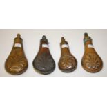 FOUR 19TH CENTURY SHELL EMBOSSED COPPER POWDER FLASKS, 
one by Dixon & Sons; two by G & J.