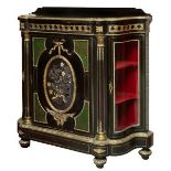 A 19TH CENTURY ORNATE EBONISED AND BRASS MOUNTED PIETRA DURA SIDE CABINET OR CREDENZA,