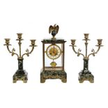A FINE THREE PIECE FRENCH BRASS MOUNTED GREEN MARBLE MANTEL CLOCK GARNITURE, late 19th century,