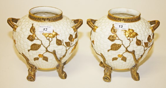 AN UNUSUAL PAIR OF ROYAL WORCESTER TWO-HANDLE VASES, late 19th century,