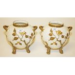 AN UNUSUAL PAIR OF ROYAL WORCESTER TWO-HANDLE VASES, late 19th century,