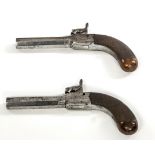 A GOOD PAIR OF 19TH CENTURY DOUBLE BARREL OVERCOAT PERCUSSION PISTOLS,