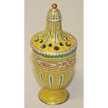 A YELLOW GROUND SEVRES STYLE PORCELAIN POT POURRI URN AND COVER, 
decorated with a band of flowers,