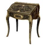 A VERY FINE QUALITY 19TH CENTURY EBONISED BUREAU DE DAME, 
profusely inlaid with cut brass tracery,