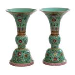 A FINE PAIR OF CHINESE GU SHAPED POLY CHROME DECORATED GREEN GROUND ALTER VASES,