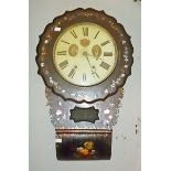 A VICTORIAN PAPIER MACHE MOTHER O' PEARL INLAID AND DECORATED DROP DIAL WALL CLOCK,