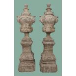 A VERY LARGE AND HEAVY PAIR CARVED ITALIAN LIMESTONE GARDEN URNS,